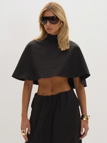 MUSEYN Black Tie Back Cape Top Versatile Everyday Casual Chic Date Night New Season Fall - Black - View 1