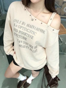 DAZY 女款不對稱肩字母印花長袖運動衫 秋季寬鬆大尺寸女款T恤 - 杏色 - 查看 5