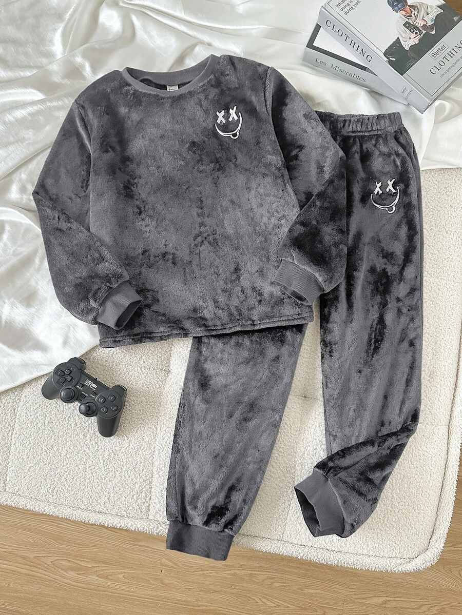 SHEIN 兒童男童秋冬長袖上衣與長褲舒適居家睡衣2件套,秋季服飾,四季通用長袖套裝,卡通笑臉可愛遊戲印花圖案 - 灰色 - 查看 1