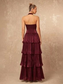 Lumalex Chocolate Brown Halter Maxi Dress High Neck Ruched Bodycon Bodice Layered Ruffle Drop Waist, Showcasing Low Key Luxury PartyStyle,Wedding,Ball,Dinner - Burgundy - View 8
