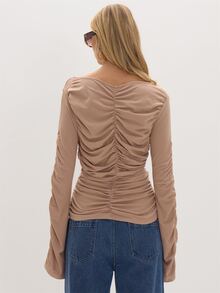 MUSEYN Nude Jersey Ruched Flared Sleeve Top Versatile Everyday Casual Chic New Season Fall - Khaki - View 4