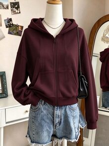 SHEIN 青少年女孩長袖抓絨內裡純色黑色夾克，萬聖節冬季風格，街頭穿搭寬鬆版型 - 酒紅色 - 查看 3