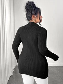 Elenzga Plus Size Black Ribbed Button-Front Cardigan Sweater With Collar, Slim Fit, Comfortable Casual Commute - Black - View 5
