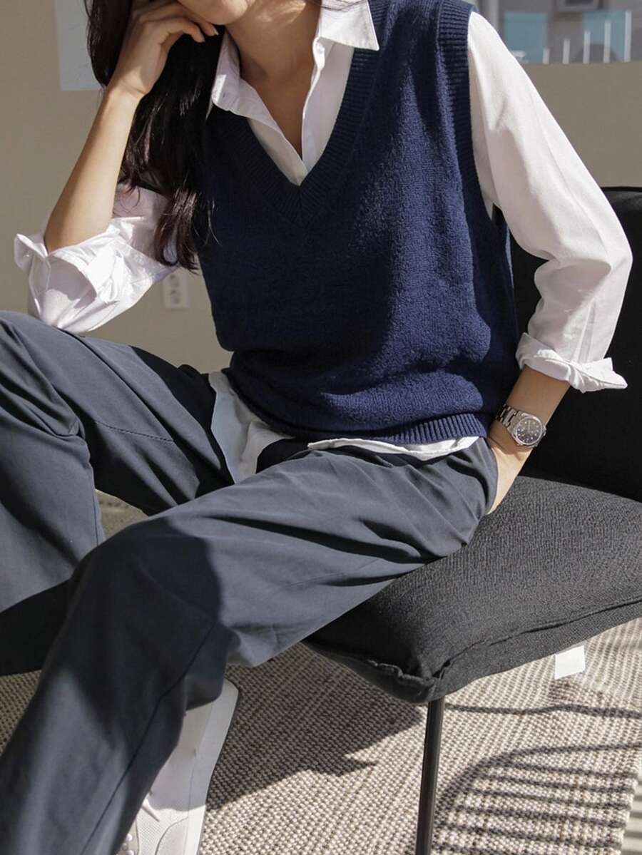 DAZY Solid V-Neck Sweater Vest Without Blouse,Fall Clothes - Navy Blue - View 1