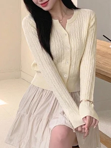 DAZY 女款休閒扭繩針織開襟衫，單排扣設計，長袖，秋冬款 - 黃色 - 查看 7