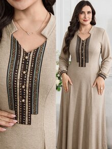 Al Najma Plus Size Women's Notched V-Neck Long Sleeve Print Patchwork Arabian Dress - Khaki - View 1