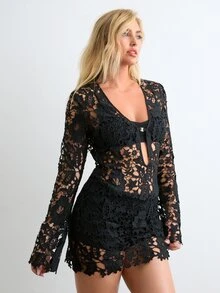 BAD SUNDAY Autumn/Winter Women's Lace Deep V-Neck Sexy Mini Dress, Y2K Retro Style - Black - View 6
