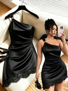 GlowEve CURVE Plus Size Women's Lace Patchwork One Shoulder Fashion Dress - Black - View 5