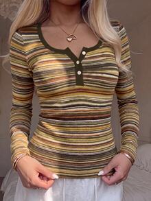 CovetEZ Women's Blended Pink Striped Half-Zip T-Shirt, Spring/Summer Style, Pink Top - Multicolor - View 1