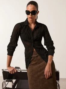 MERLEAU Women's Modern Pleated Black Shirt - Black - View 3