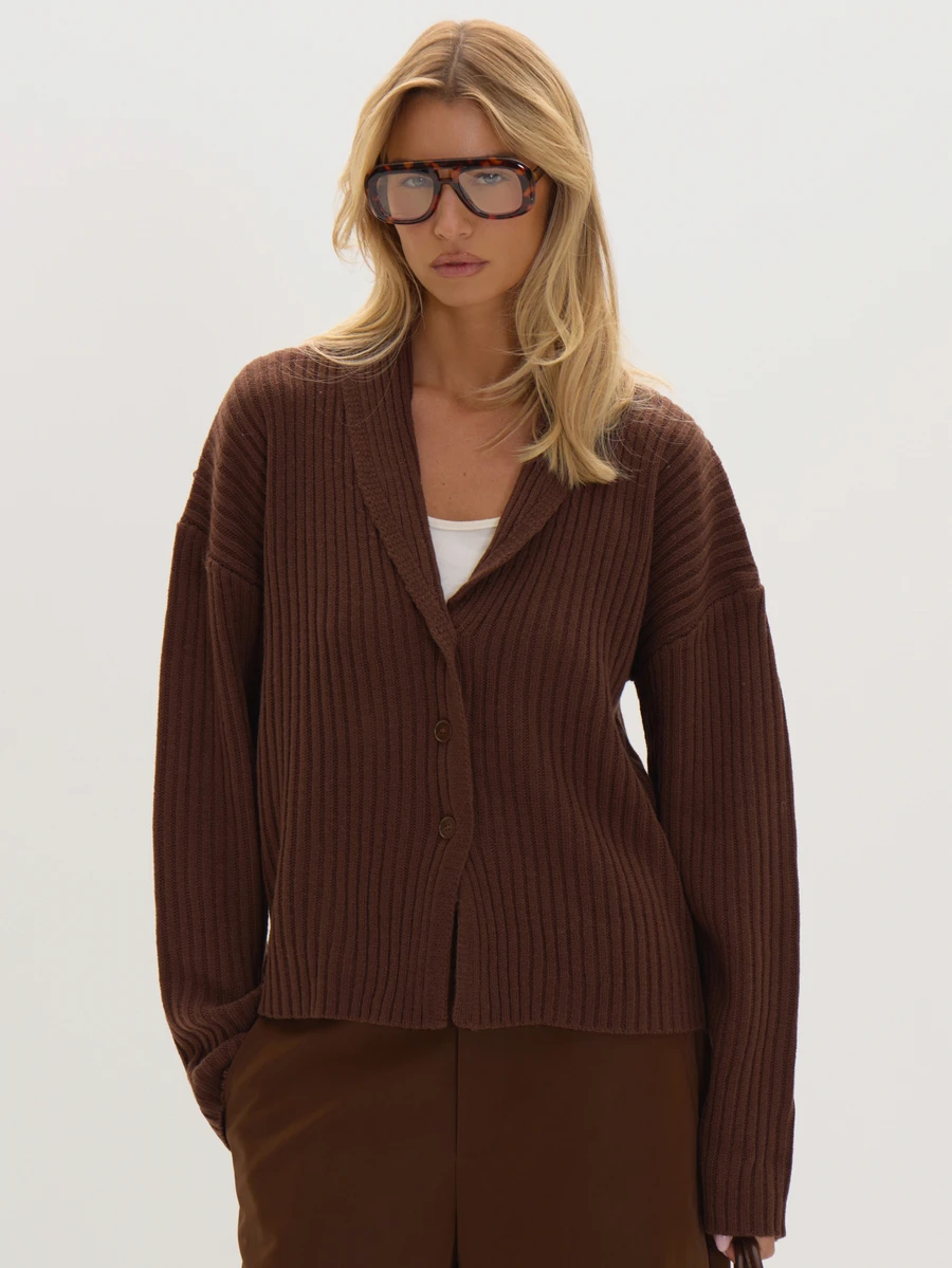 MUSEYN Chocolate Brown Knit Chunky Cardigan Versatile Everyday Casual Chic Date Night New Season Fall Cosy - Chocolate Brown - View 1