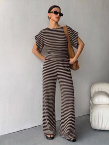 SHEIN Tall Women's Striped Short Sleeve 2 Pieces Set - Brown - View 4