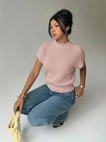 Aloruh 女款休閒通勤簡約純色漏斗領蝙蝠袖寬下擺針織上衣 - 淺粉色 - 查看 7