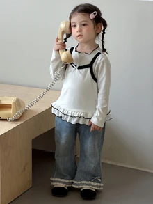 Dazy Kids Áo giữ nhiệt tay dài viền bèo cho bé gái sơ sinh/chập chững, mùa thu/đông - Màu be - Xem 7