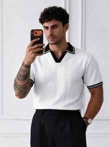 HUEFORM 男士秋冬條紋短袖 Polo 衫，成熟商務老錢風 - 白色 - 查看 5