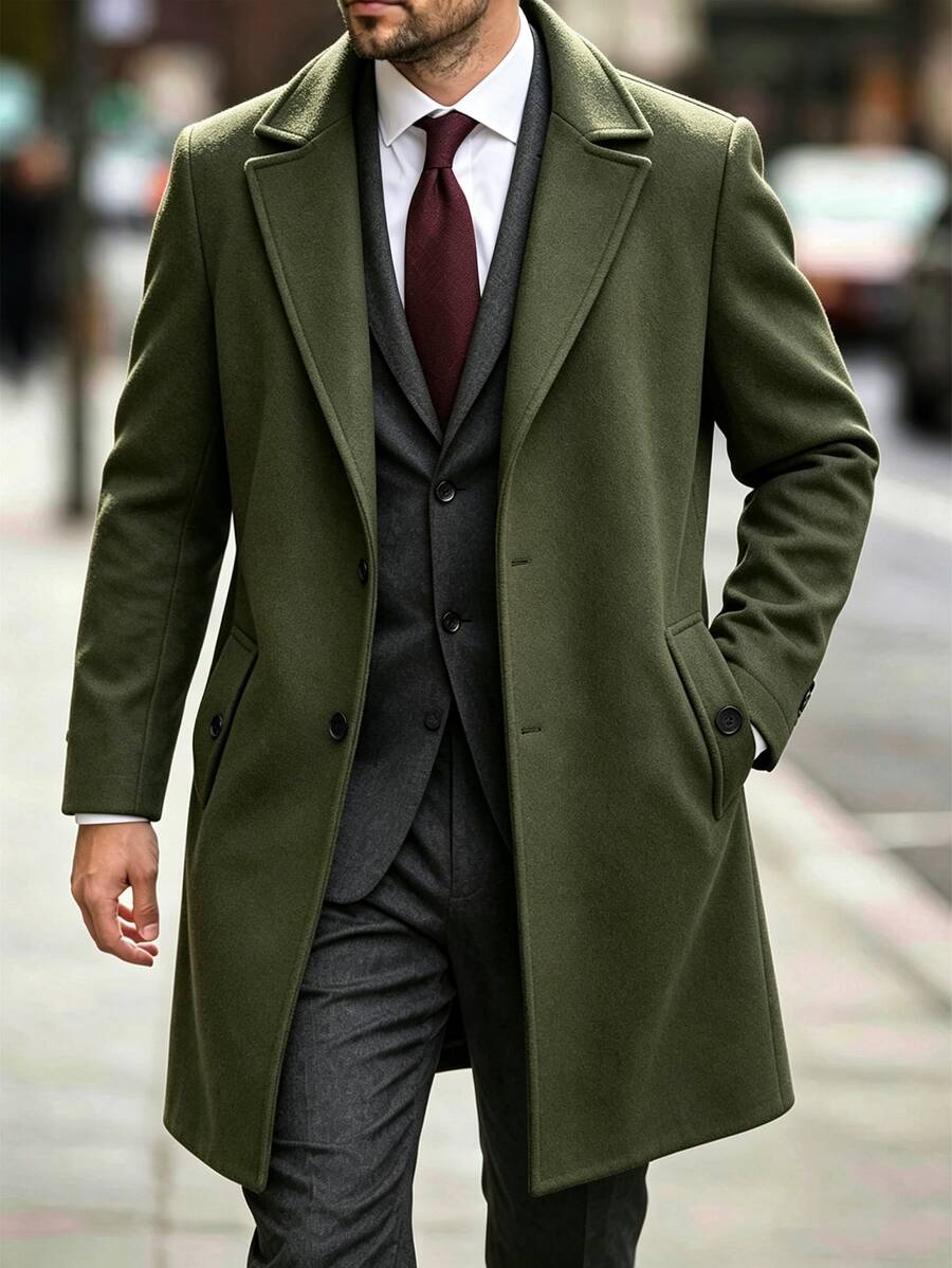 Manfinity Homme 男士純色口袋鈕扣前襟長袖大衣，秋季冬季儀式穿著 - 軍綠色 - 查看 1