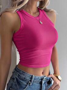 Livesso Women's Solid Color Fitted Tank Top, Minimalist Casual Daily Wear Going Out Tops - Hot Pink - View 3