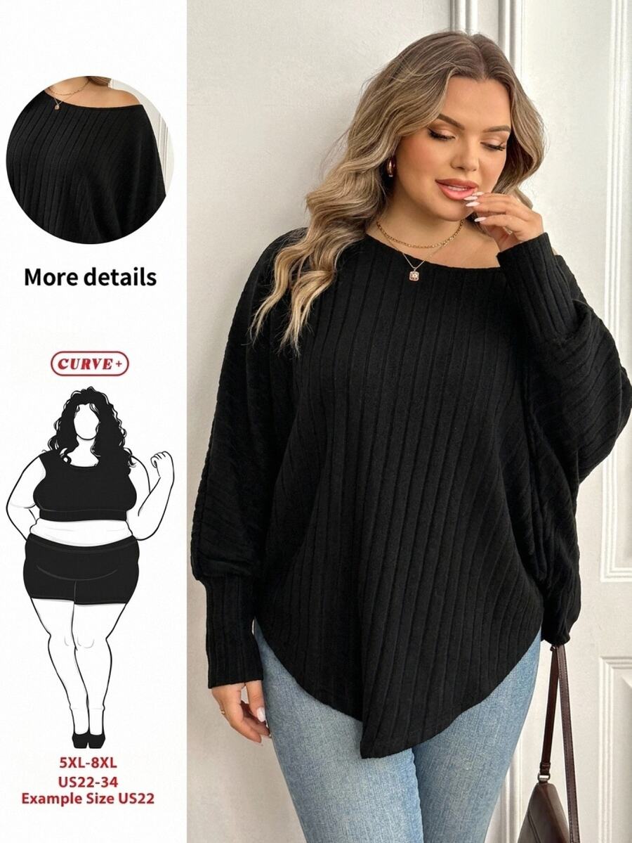 SHEIN CURVE+ Plus Size Women Asymmetrical Hem Batwing Sleeve Solid Color Oblique Shoulder Loose Casual Top - Green - View 1