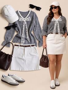 Grovea Plus Size V-Neck Lace Bow Decor Knitted Sweater, Long Sleeve Scalloped Hem Loose Comfortable Pullover Knit Top, Suitable For Autumn/Winter - Dark Grey - View 8