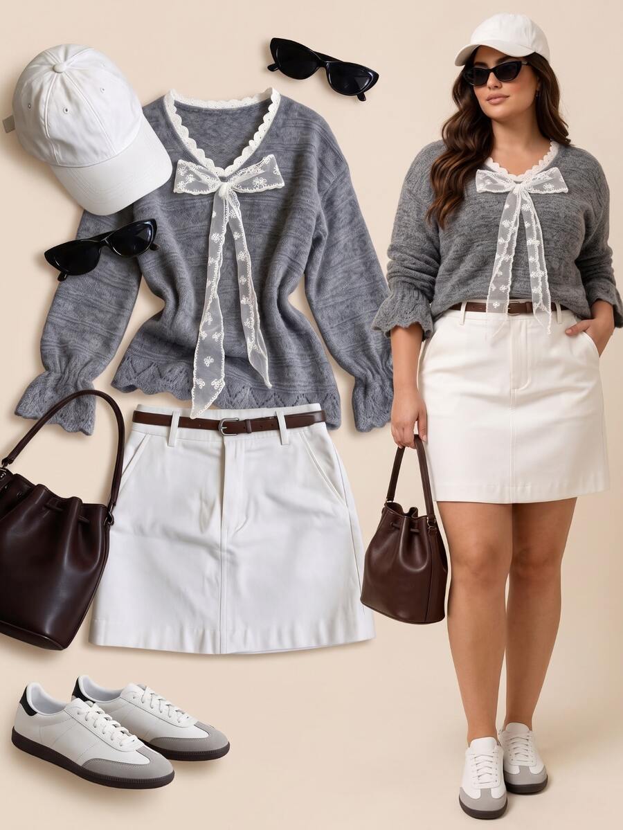 Grovea Plus Size V-Neck Lace Bow Decor Knitted Sweater, Long Sleeve Scalloped Hem Loose Comfortable Pullover Knit Top, Suitable For Autumn/Winter - Dark Grey - View 1