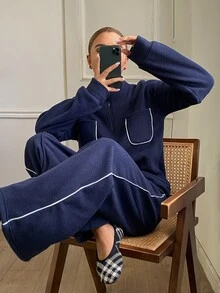 DAZY Women's Navy Blue Stand Collar Half-Zip Pocket Contrast Stitching Loose Long Sleeve Top And Matching Wide Leg Pants 2 Pieces Set - Brown - View 4
