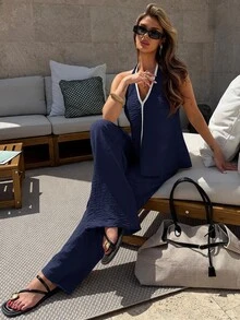 Firerie 女士蛋殼黑領口無袖上衣配荷葉邊邊緣長褲套裝，輕量度假外出早午餐穿搭，簡約休閒 - 藏蓝色 - 查看 4