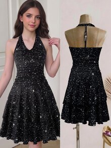 Girls' Black Starry Sky Draped Neck Dress, Cowl Neck Design With Ruched Waist, Double-Layer Ruffle Hem For Fluid Movement, Atmospheric Style, Suitable For Party And Halloween, Creating A Delicate Sweet And Cool Girl Look - Black - View 3