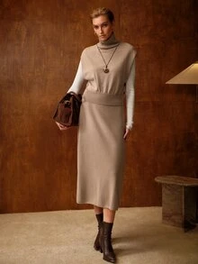 MOTF PREMIUM WOMEN'S HIGH NECK SOLID COLOR CASUAL FASHION KNIT 2 PIECES SET - Khaki - View 4