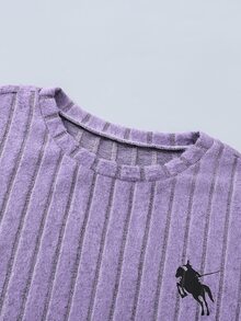 SHEIN 少女秋冬加厚保暖校園學生運動風 80年代可愛休閒內搭毛絨羅紋圓領長袖上衣與內搭褲 T-shirt 套裝 - 紫色 - 查看 5