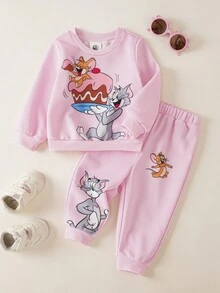 TOM & JERRY X SHEIN Baby Girl Cartoon Tom And Jerry Pattern Crew Neck Long Sleeve Sweatshirt And Elastic Waist Long Pants 2 Pieces Set - Pink - View 1