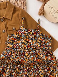 SHEIN Baby Girl Solid Color Single-Breasted Long Sleeve Jacket And Dress Casual Set - Brown - View 6