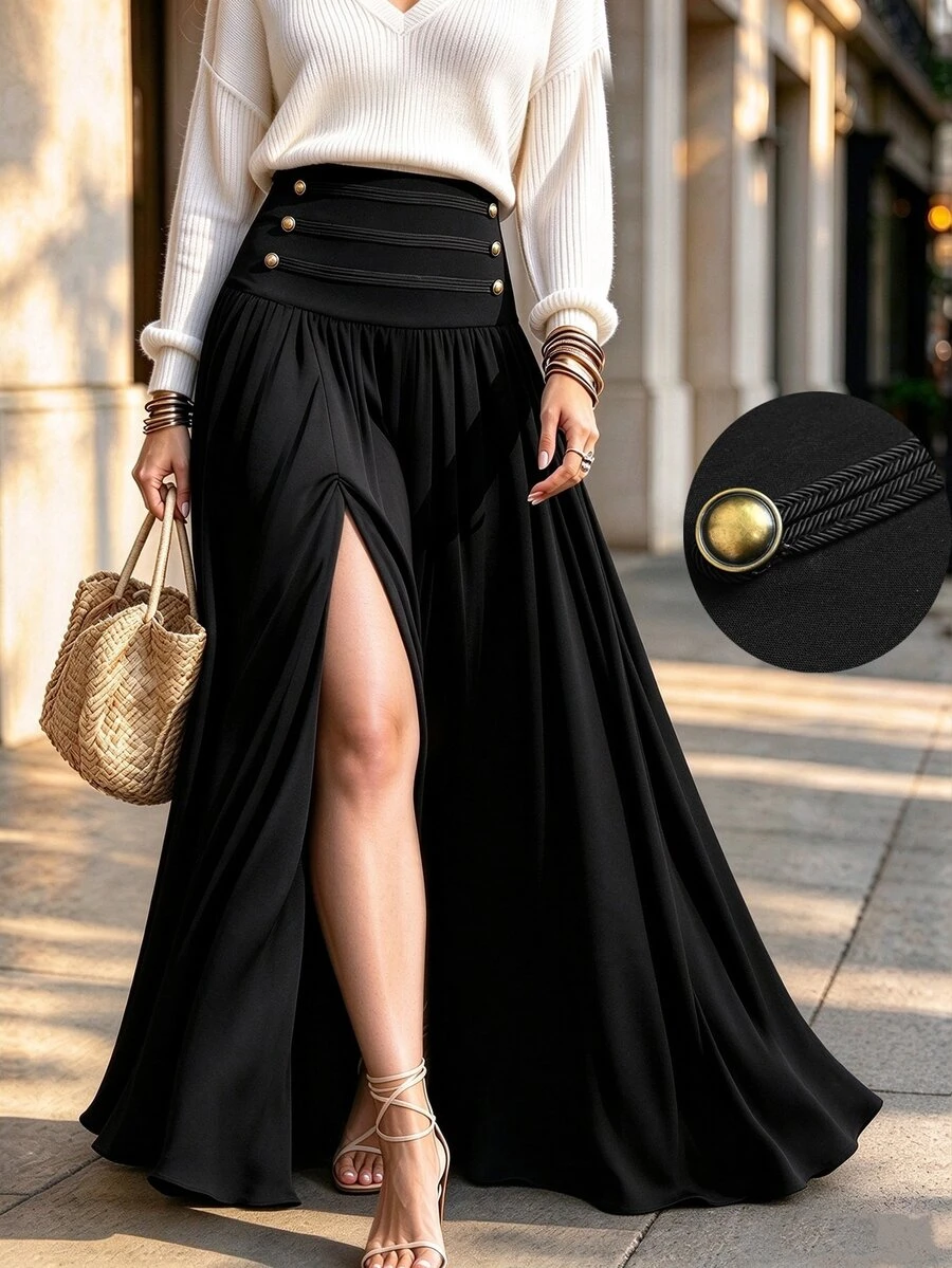 Velvienne Plus Size Women's Autumn Napoleon Style Button Decor Slit A-Line Skirt, Elegant Versatile Casual Minimalist Skirt - Black - View 1