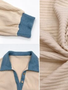Linhara CURVE Women's Plus Size Colorblock Knit Brushed Ribbed Long Shirt Dress, Denim Collar, Patchwork Ribbed Cuffs, Long Sleeve Cardigan Dress, Casual/Commute/Autumn Winter Dress - Apricot - View 7
