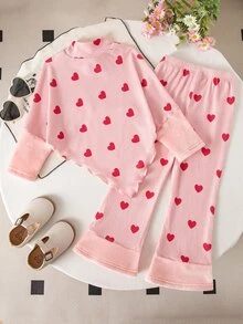 SHEIN 女童休閒兩件式T恤與長褲套裝，春秋冬季款，不對稱套頭高領深棕色針織羅紋磨毛布料，附極地絨袖子拼接長袖上衣與極地絨袖口拼接休閒喇叭褲，適合返校、日常穿著、學校、外出、旅行與派對 - 粉色 - 查看 2