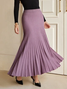 Graceveil Women's Solid Color High Waist Elegant Fashion Knit Skirt - Purple - View 6