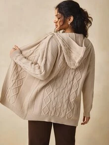 Nubod Plus Size Apricot Women's Hooded Cable Knit Long Sleeve Cardigan Sweater, Comfortable Casual - Apricot - View 6