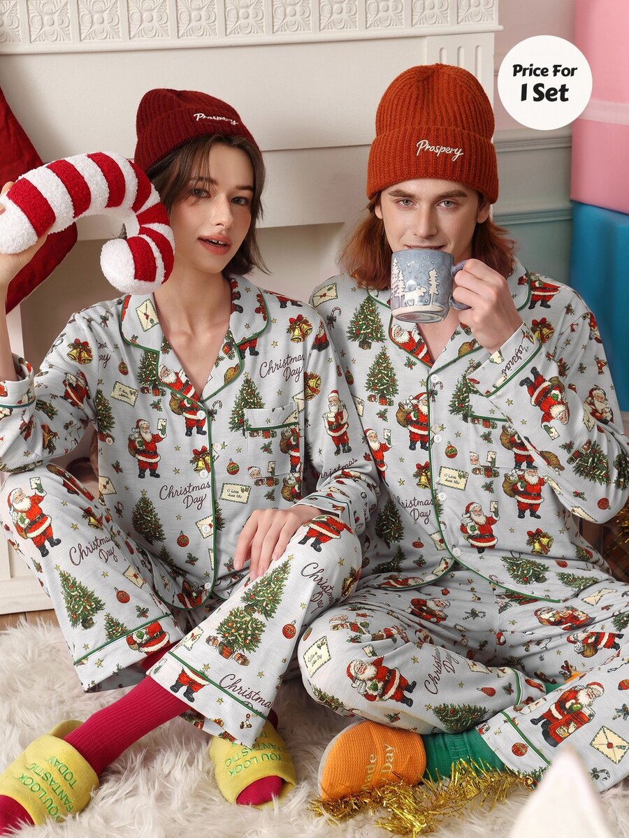 Chillnights 男士聖誕老人印花翻領休閒家居服套裝 - 淺灰色 - 查看 1