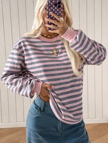 SHEIN EZwear 女款時尚百搭黃色長袖圓領運動衫 開學季 學校教師 畢業季 秋季休閒學院風 早午餐穿搭 - 粉色 - 查看 5