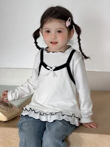 Dazy Kids Áo giữ nhiệt tay dài viền bèo cho bé gái sơ sinh/chập chững, mùa thu/đông - Màu be - Xem 6