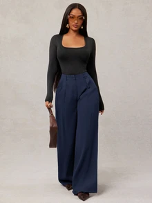 SHEIN Tall CURVE 大尺碼女款高腰百褶寬腿褲 辦公商務黑色夏季休閒優雅 - 寶藍色 - 查看 6