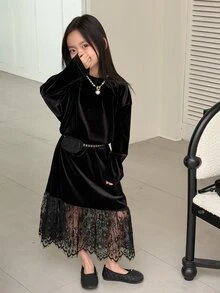 DAZY Tween Girl Lace Patchwork Casual Daily Summer Dress - Black - View 4