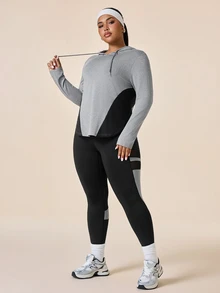 SHEIN Women's Plus Size Colorblock Mesh Hooded Long Sleeve Top + High Waist Athletic Leggings 2 Pieces Workout Set - Multicolor - View 5