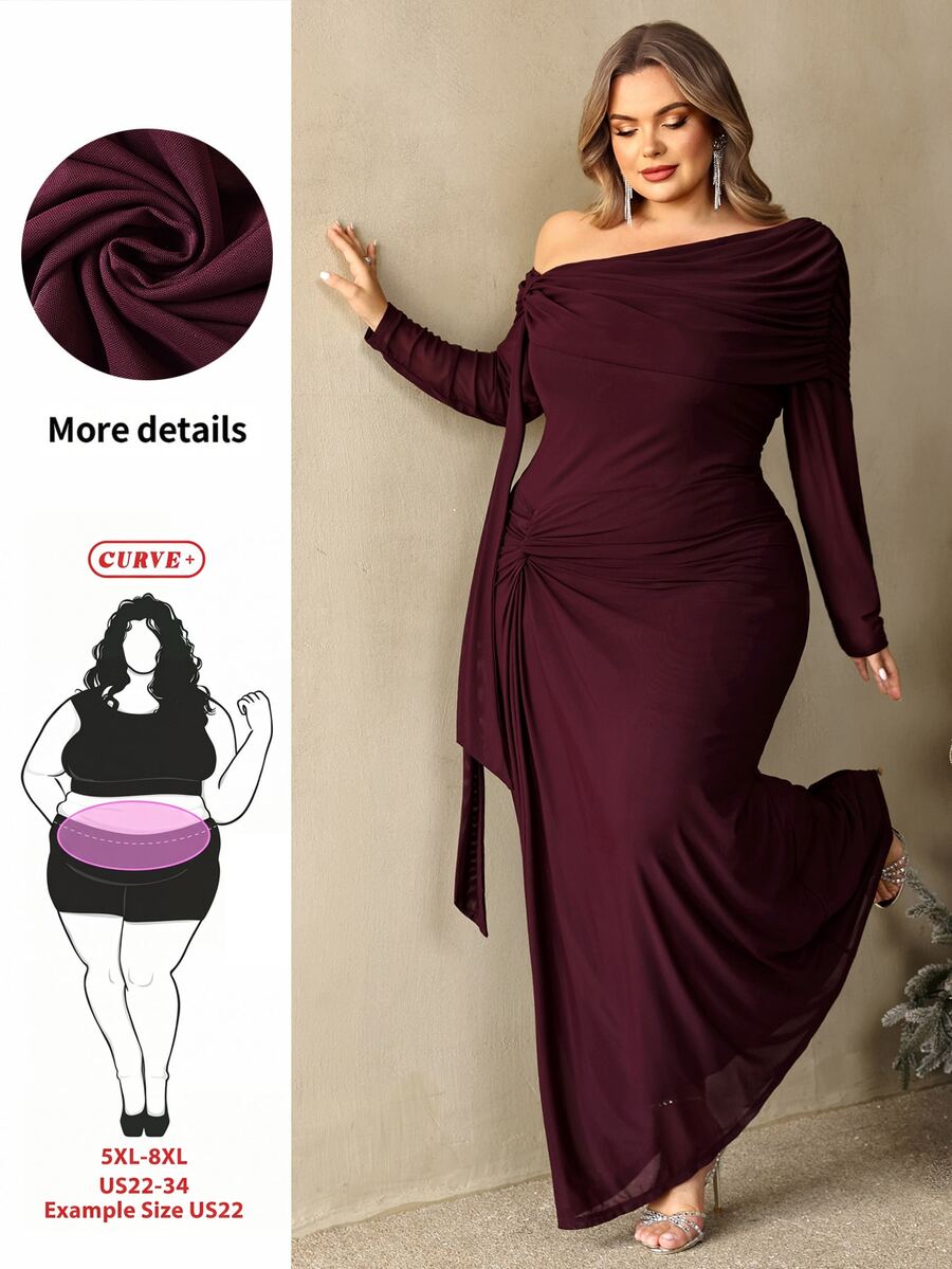 SHEIN CURVE+ Plus Size 22W Asymmetrical Collar Long Sleeve Knot Dress, Suitable For Holiday Parties, Christmas, Halloween - Coffee Brown - View 1