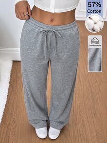 SHEIN Tall بنطال رياضي كاجوال نسائي بتصميم بسيط متعدد الاستخدامات بلون موحد مع خصر برباط وساق واسعة - رمادي - مشاهدة 1