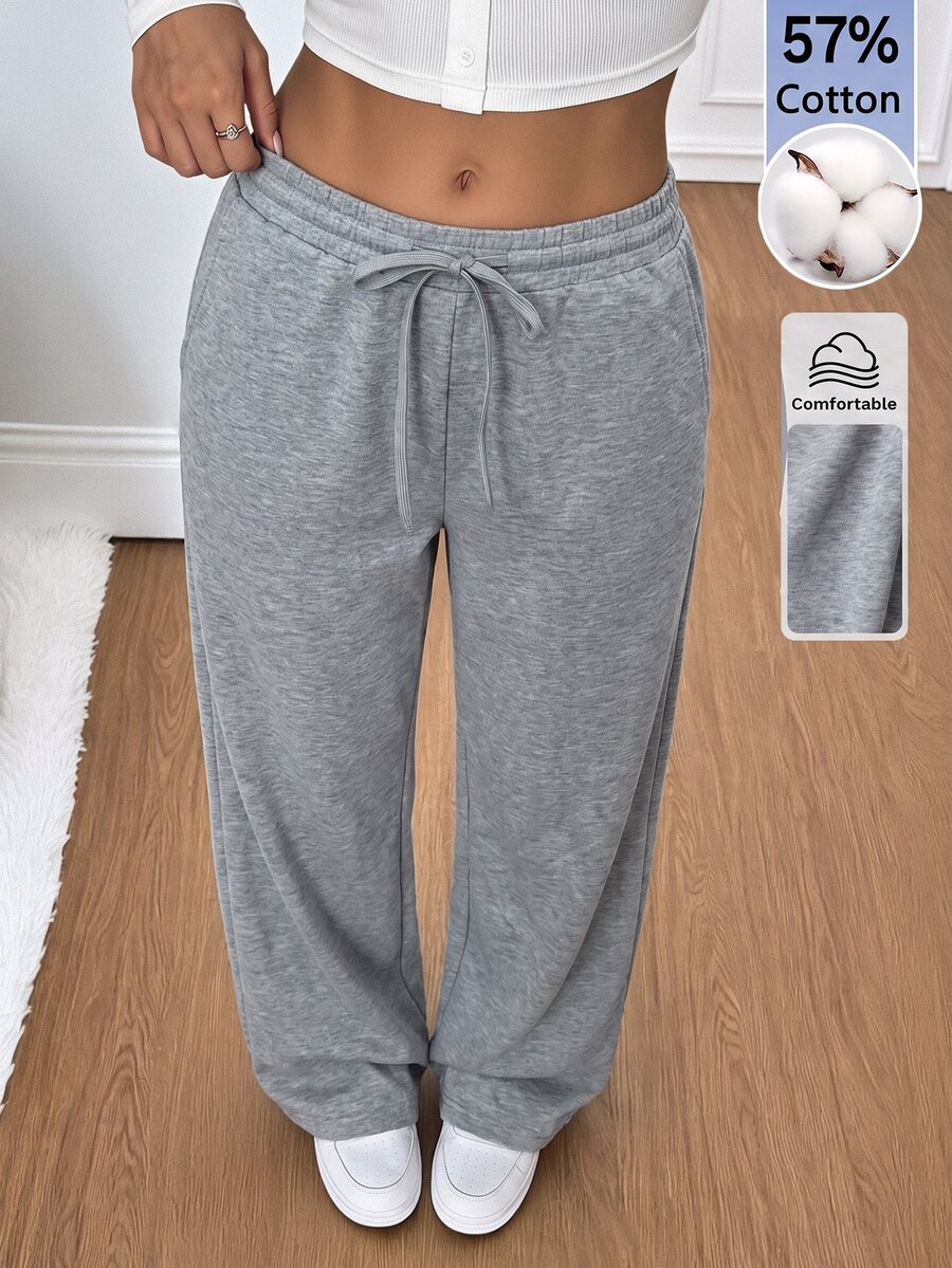 SHEIN Tall بنطال رياضي كاجوال نسائي بتصميم بسيط متعدد الاستخدامات بلون موحد مع خصر برباط وساق واسعة - رمادي - مشاهدة 1