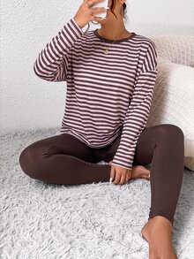 Lounesse Plus Size Women 2 Pieces Set Pink Striped Top And Brown Leggings Comfortable Minimalist For Home Wear - Multicolor - View 2
