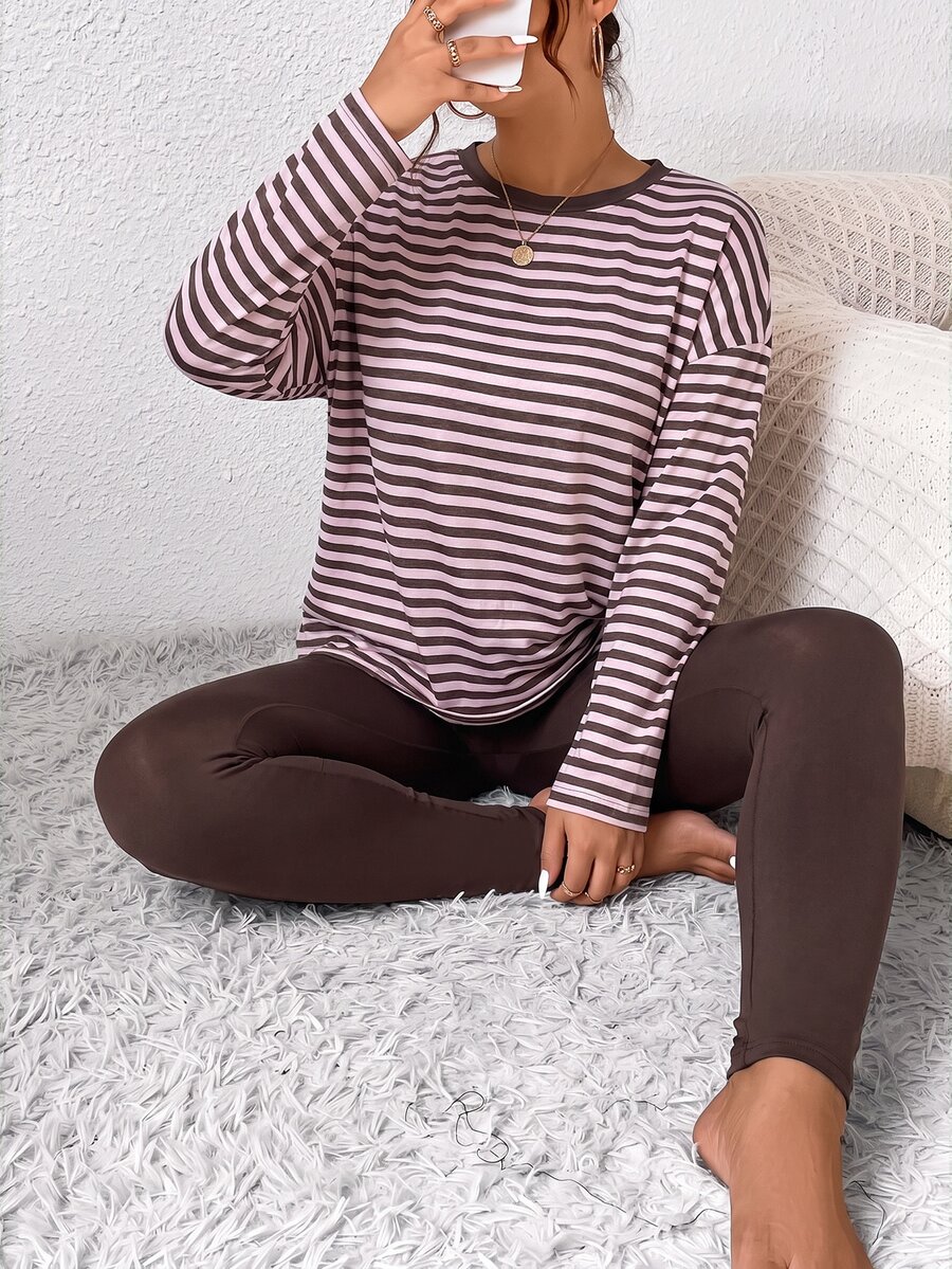 Lounesse Plus Size Women 2 Pieces Set Pink Striped Top And Brown Leggings Comfortable Minimalist For Home Wear
