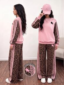 SHEIN Casuvi Kids 秋冬青少年女孩2件套，粉色拼接豹紋圓領衛衣與寬腿長褲，美式復古甜酷女孩套裝 - 彩色 - 查看 3