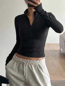 DAZY 女款假領半拉鍊撞色修身休閒套頭運動衫 秋冬保暖內裡 - 黑色 - 查看 4