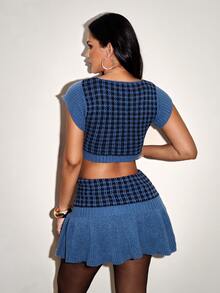 BamGleam Blue Plaid Knit Two Piece Set,Cropped Sweater Mini Skirt Outfit,Y2K Preppy Coquette Clothing. - Multicolor - View 3